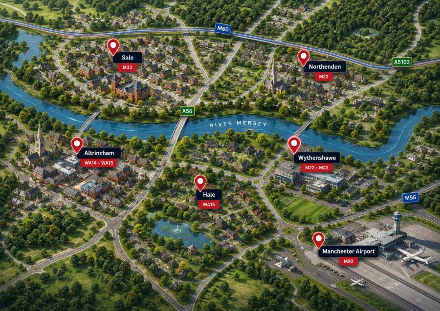 Schematic map of the area Eddie's School of Driving covers: Altrincham, Hale, Sale, Wythenshawe, Northenden and Manchester Airport.